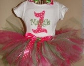 Tutu Outfit with swen Tutu Pink and Green with Initial or letter of your choice, Layered Boutique bow, head band, Great for Birthday