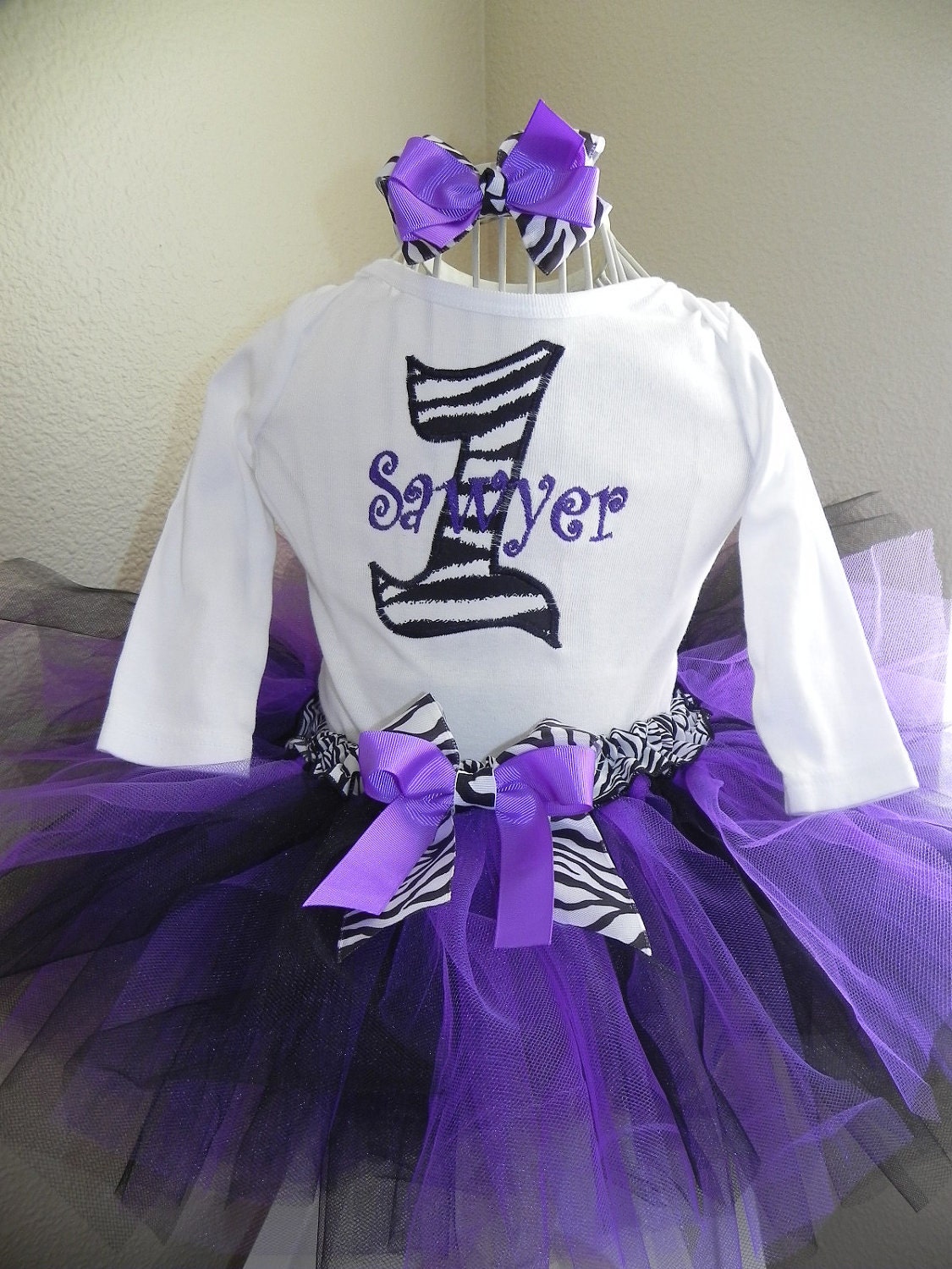 Zebra Tutu Outfit with Skirt Tutu black purple Boutique bow, head band, Great for 1st 2nd 3rd Birthday CAN embroider monogram