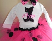Pink and Black Birthday tutu outfit black dots LONG or SHORT SLEEVES. Great for Boutique 1st 2nd 3rd Birthday