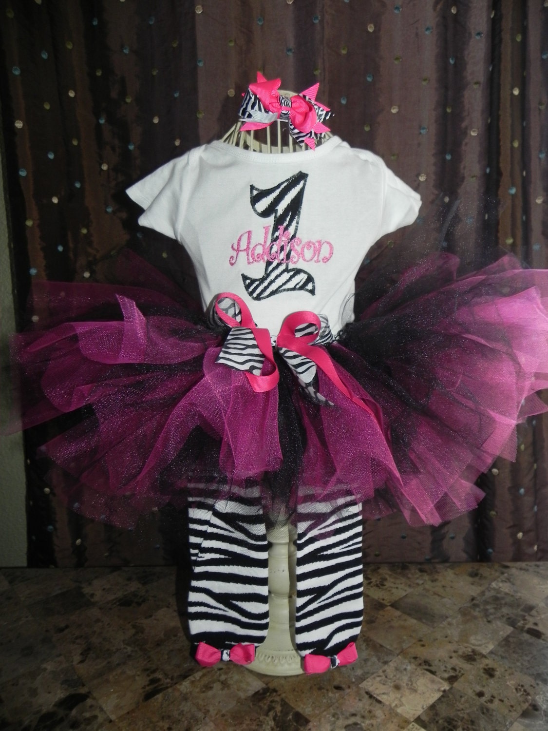 Zebra Tutu Outfit with Tutu black White pink, Boutique bow,  leg warmers baby legs Great for 1st 2nd 3rd Birthday CAN embroider monogram
