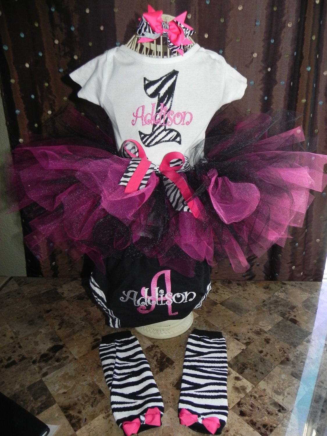 Zebra Tutu Outfit Black White and pink, Boutique bow, leggings  diaper cover bloomers1st 2nd 3rd Birthday will match Diva Zebra Print