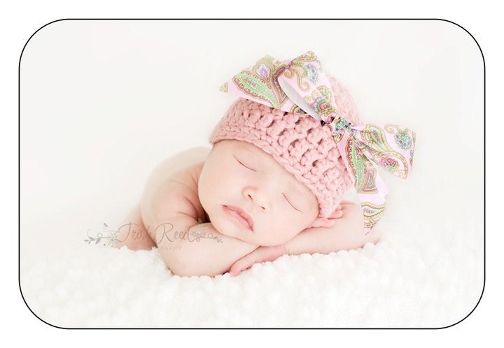 20% OFF SALE - Organic Cotton Beanie Hat - Soft Pink with Pink Satin Bow - Newborn Photo Prop
