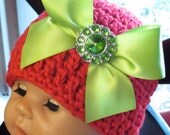 20% OFF SALE - Organic Cotton & Soy Beanie Hat - Christmas Hat in Red with Green Satin Bow and Rhinestone - Fancy Newborn Photo Prop