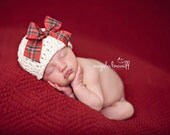 20% OFF SALE - Organic Cotton Beanie Hat - Ivory with Plaid Christmas Bow - Newborn Photo Prop