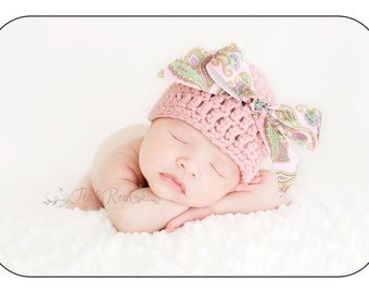 20% OFF SALE - Organic Cotton Beanie Hat - Soft Pink with Pink Satin Bow - Newborn Photo Prop