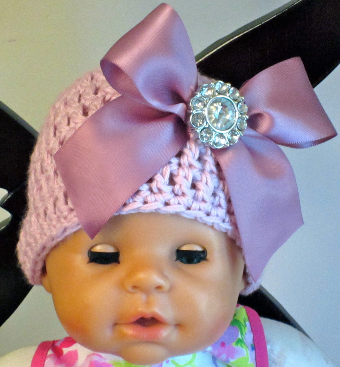 Organic Cotton Beanie Hat - Light Pink/Mauve Hat with Satin Bow and Rhinestone - Fancy Newborn Photo Prop