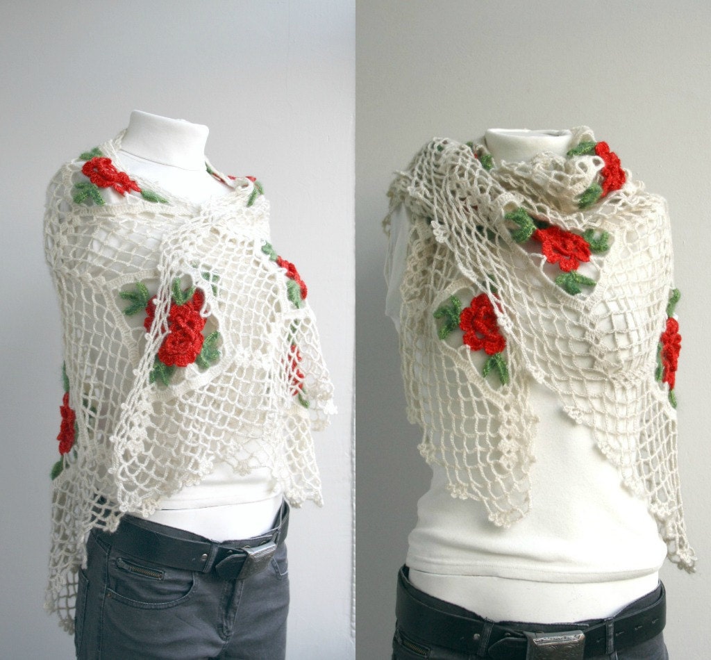 FREE SHIPPING Red Roses  Shawl Scarf Triangle for women  for Girl Friend For Mom Women fashion Mothers Day Gift Under 100