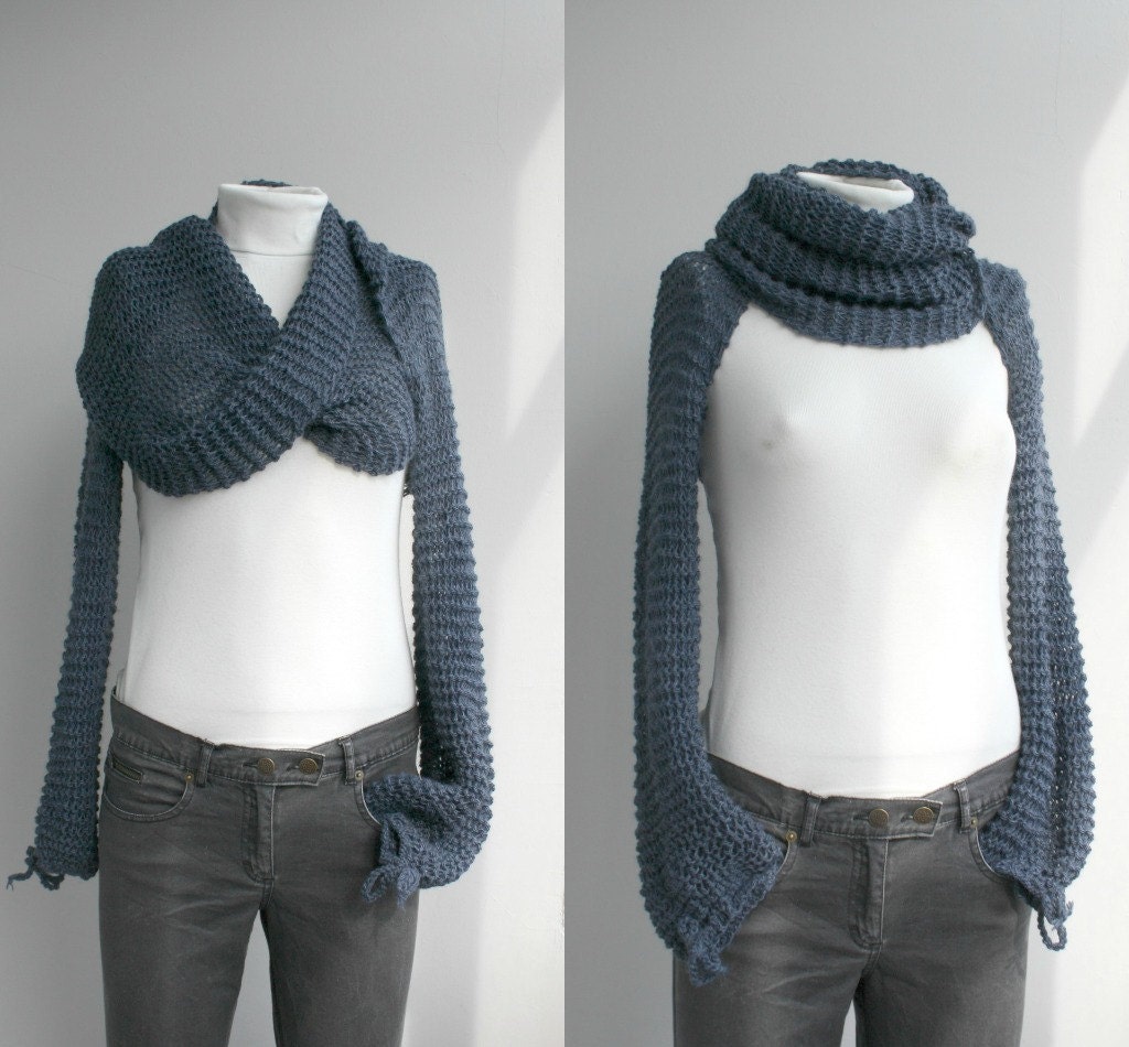 Free Shipping Long sleeve Indigo Denim Blue  Bolero Scarf Shawl Neckwarmer Gift Under 100 Mothers Day Gift