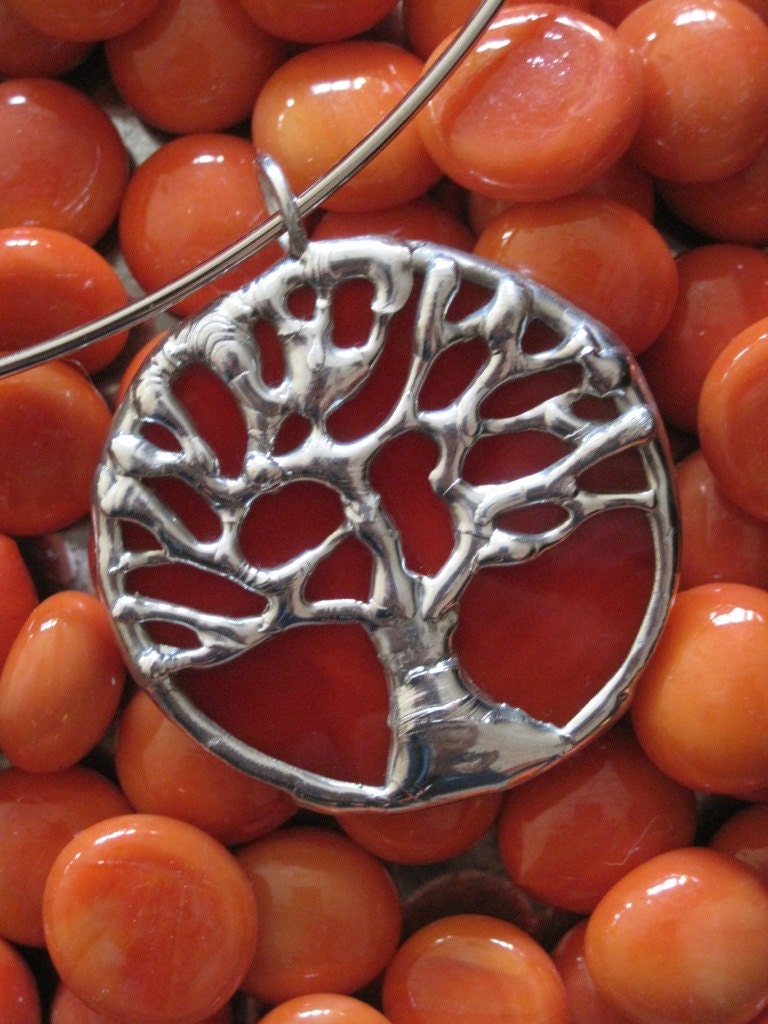 Small orange and silver stained glass tree of life pendant