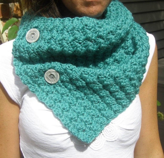 Button Up Cowl Neckwarmer Scarf in Teal - Bamboo Wool Blend