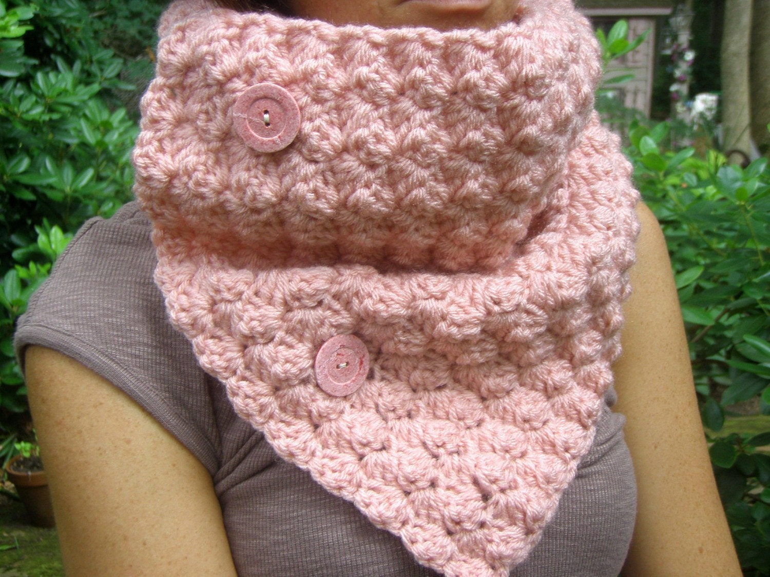 Cowl Neckwarmer Scarf in Pink with Cotton Buttons