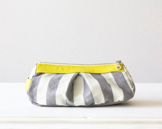 cosmetic case , make up bag in Stripe cotton grey and Yellow leather , Cyber Monday Etsy