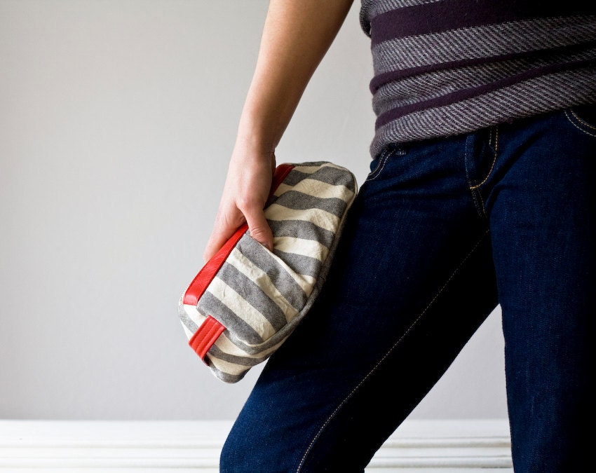 cosmetic case , make up bag in Stripe cotton grey and Yellow leather , Cyber Monday Etsy