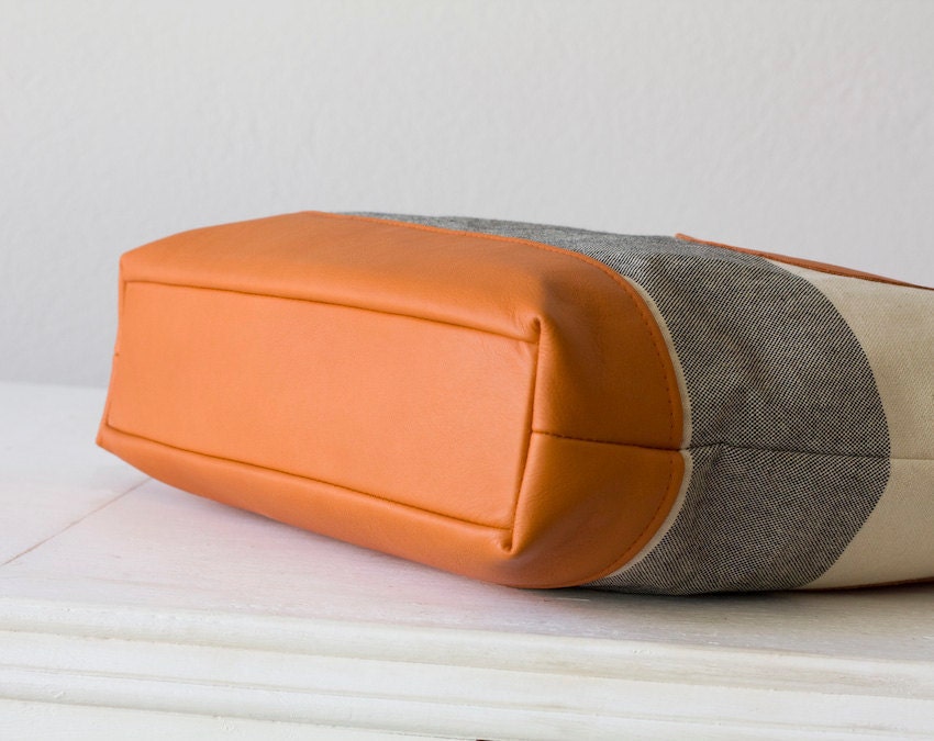 Stripe shoulder bag , purse in cotton canvas and orange leather - Kallisto bag
