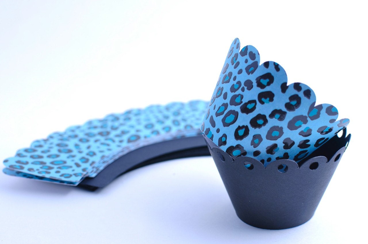 Aqua and Black Leopard Print - 24 Cupcake Wrappers