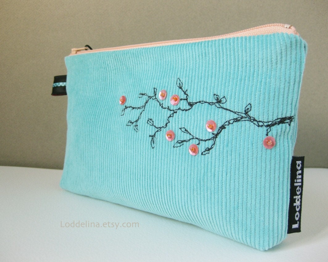 Zippered pouch cosmetic purse robin egg blue with embroidered branch - MAIA