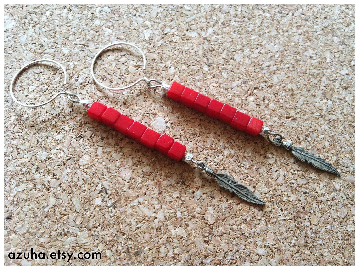 TEHYA... coral semi precious stone & sterling silver feathers... earrings