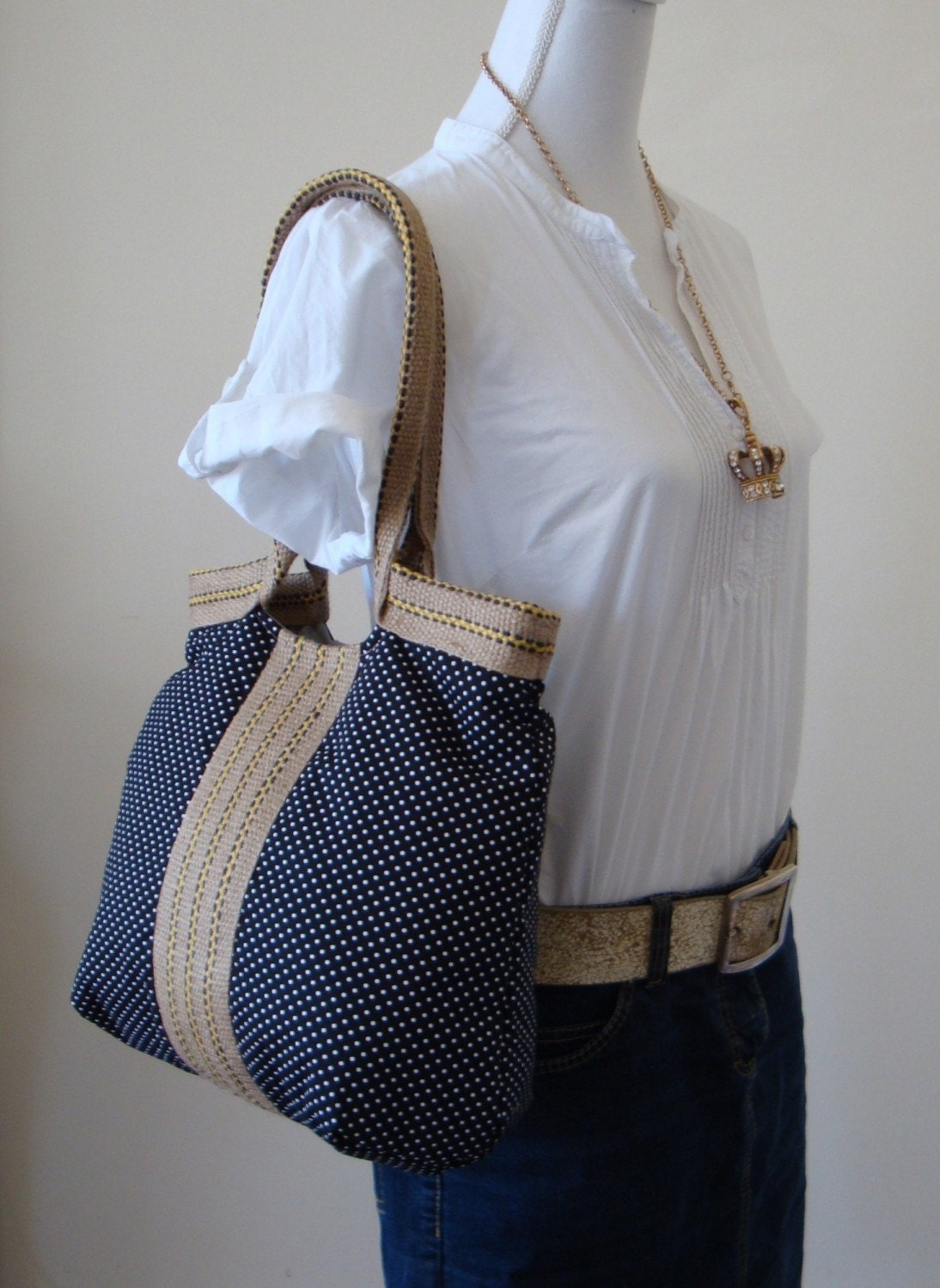 French TRES CHIC black hobo bag with burlap