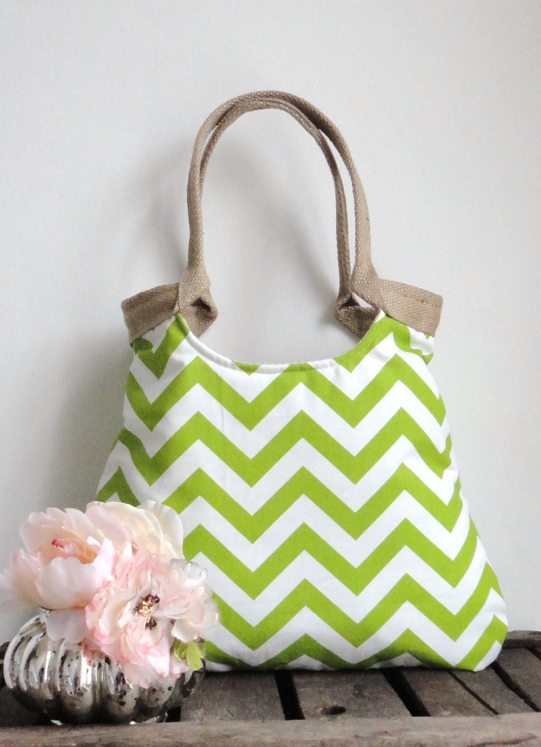 Chevron green & burlap  tote bag