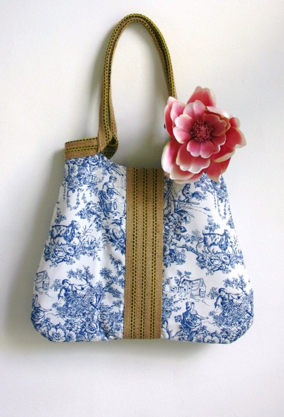 Provence blue toile tote bag with burlap