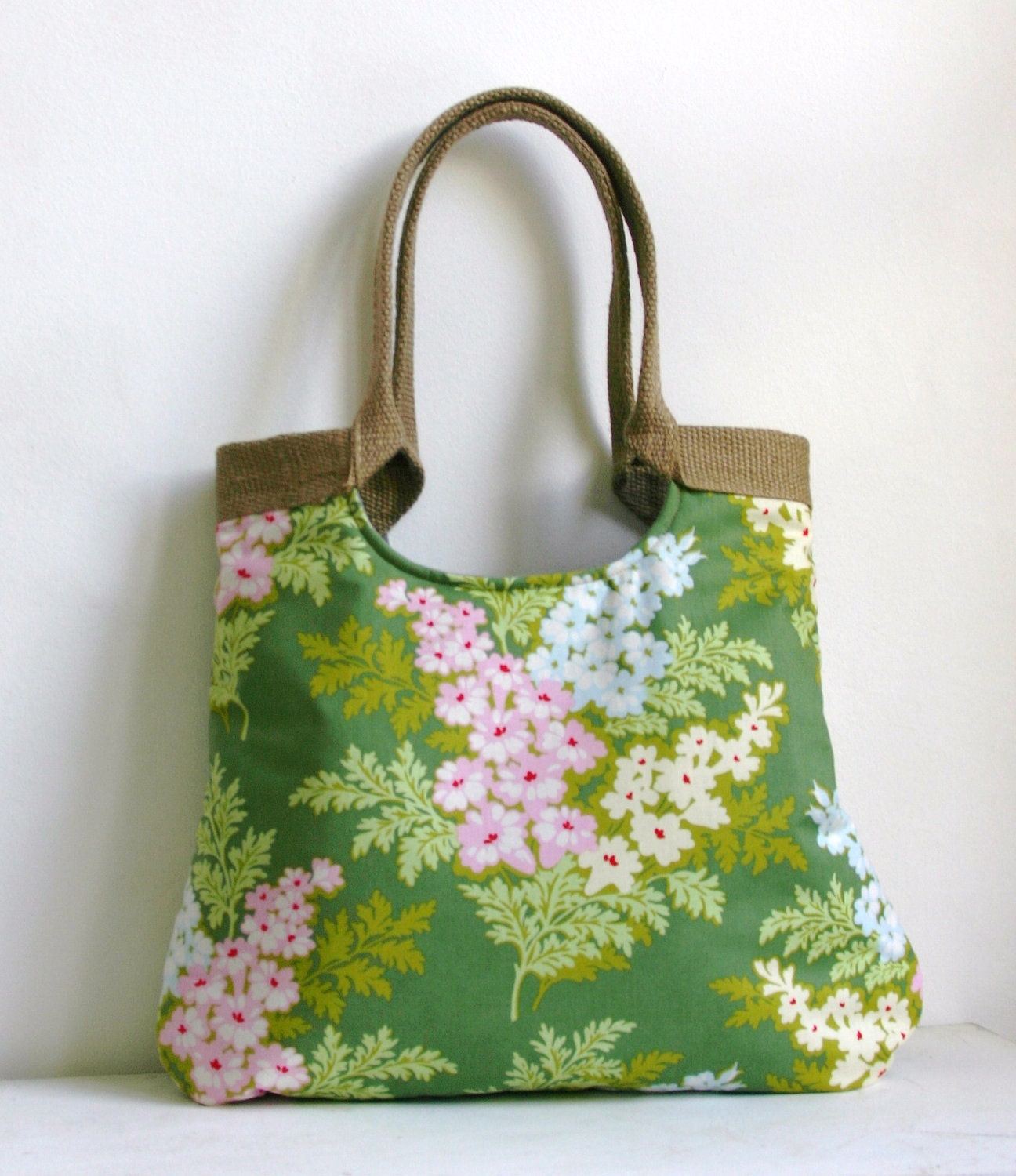 Burlap & Moss Green fabric tote bag