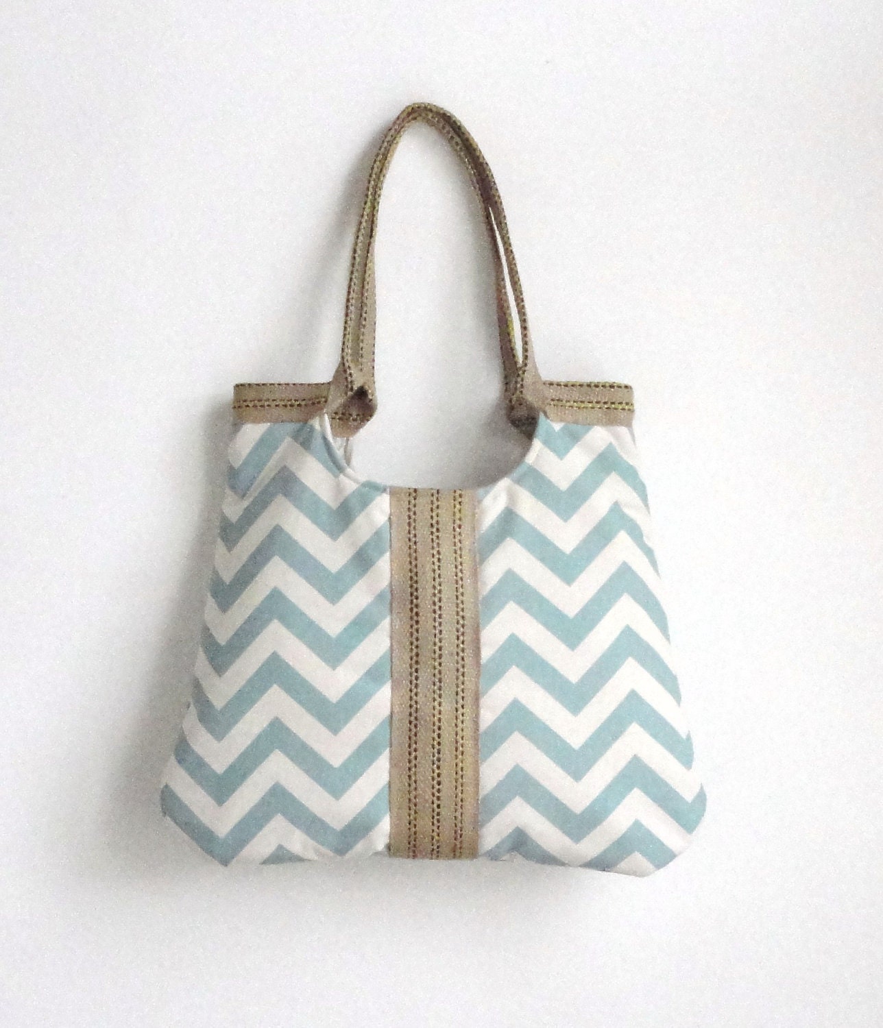 Chevron light blue & burlap  tote bag