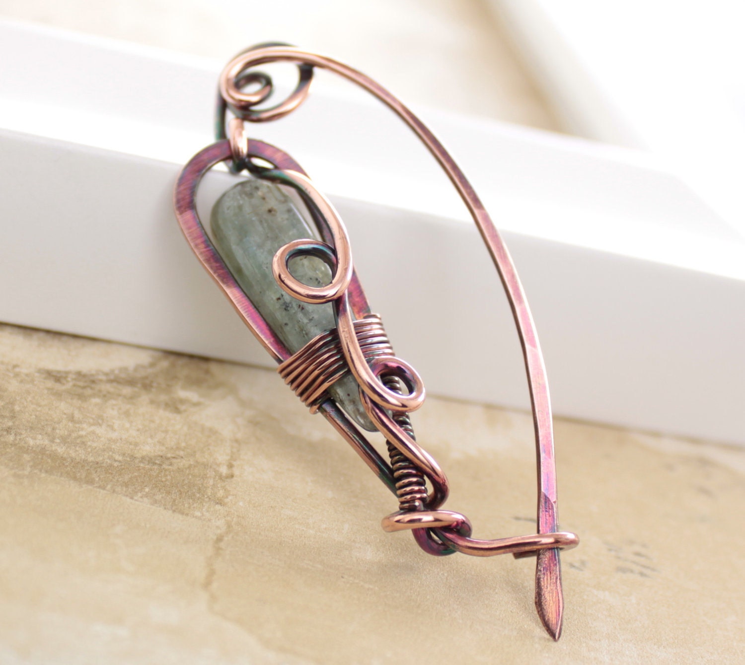 Shawl pin or scarf pin with wrapped light  blue organic spiky shape long kyanite drop - message in a bottle