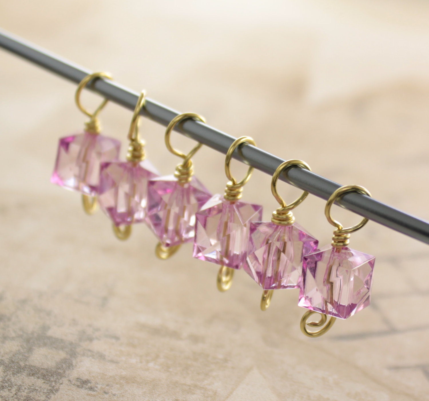 Knitting stitch markers set of 6 markers - pale rose lucite cube faceted beads  - choose your color - IngoDesign