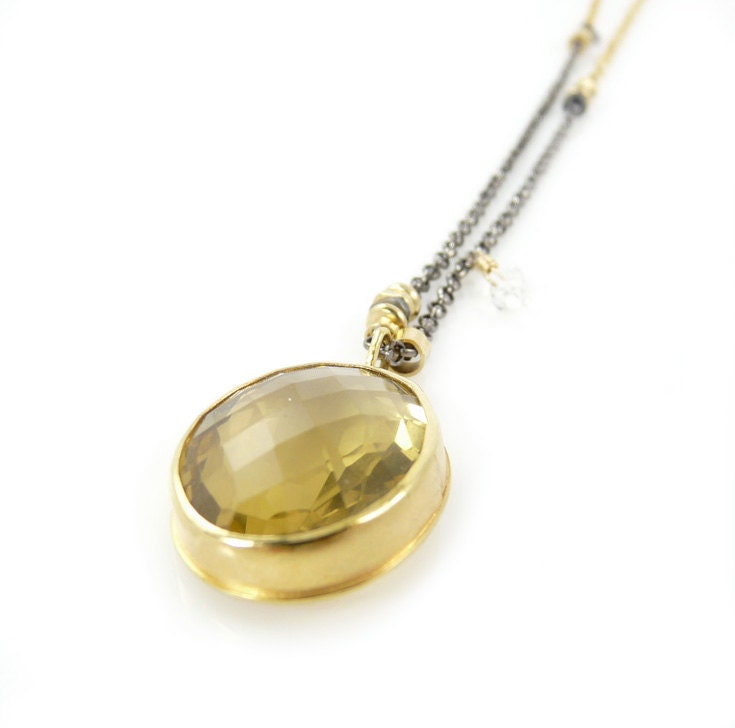 Gold Topaz Gemstone Necklace with gold and silver chain, large faceted stone, oval pendant, herkimer diamonds, long stone pendant