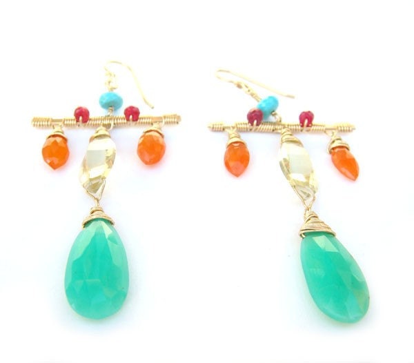 Multicolor Gemstone and Gold Cross Earrings