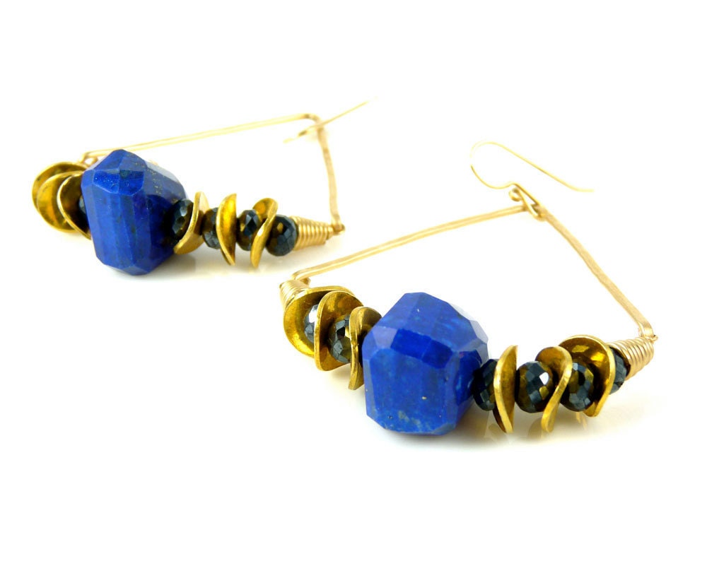 Boho Chic Blue Earrings, Gold, exotic, lapis, dramatic earrings, designer jewelry, fashion jewelry