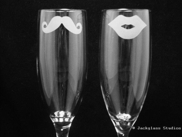 As seen in Wedding Style Magazine His and Hers Mustache and Lips Champagne Flutes by Jackglass on Etsy