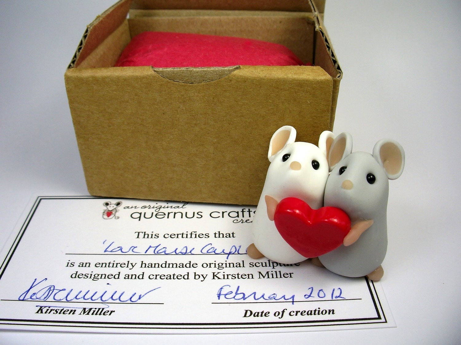 Grey & White Love Mouse Couple (Red Heart) Ornament Sculpture Cake Topper