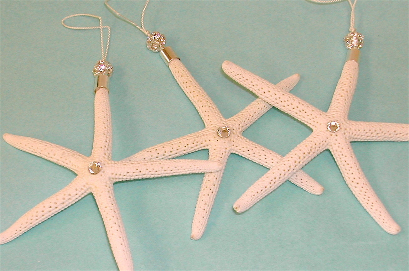 Beach Christmas Ornaments - Starfish Ornaments - Set of 3 with Swarovski Crystals