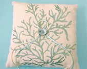 Wedding Ring Bearer Linen Pillow with Aqua Coral Pattern