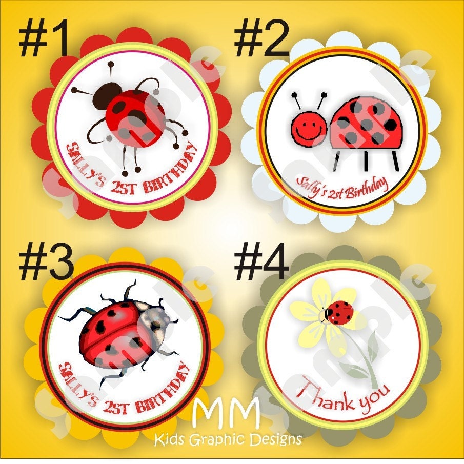 Lady Bugs Theme - 40 Die cut 2 inch circle Stickers with scalloped edges - Choose your design - Thank You - Birthday - Baby Shower