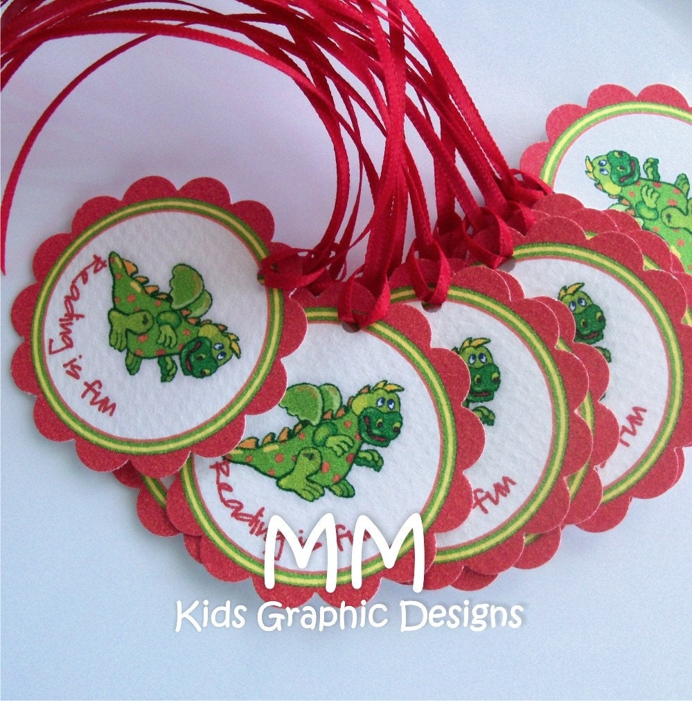 40 Thank You 2inch circle Tags with scalloped edges - Dragon Theme - Birthday - Baby Shower - Communion - Baptism - Thank You - Personalized Il_570xn