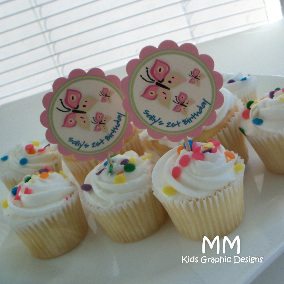 Butterfly Theme - 20 Cupcake Toppers - Personalized - Birthday - Baby Shower - Choose the design Il_570xn