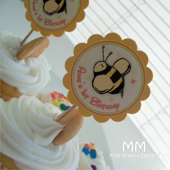 Busy Bees Theme - 20 Cupcake Toppers - Personalized - Birthday - Baby Shower - Choose the design Il_570xn