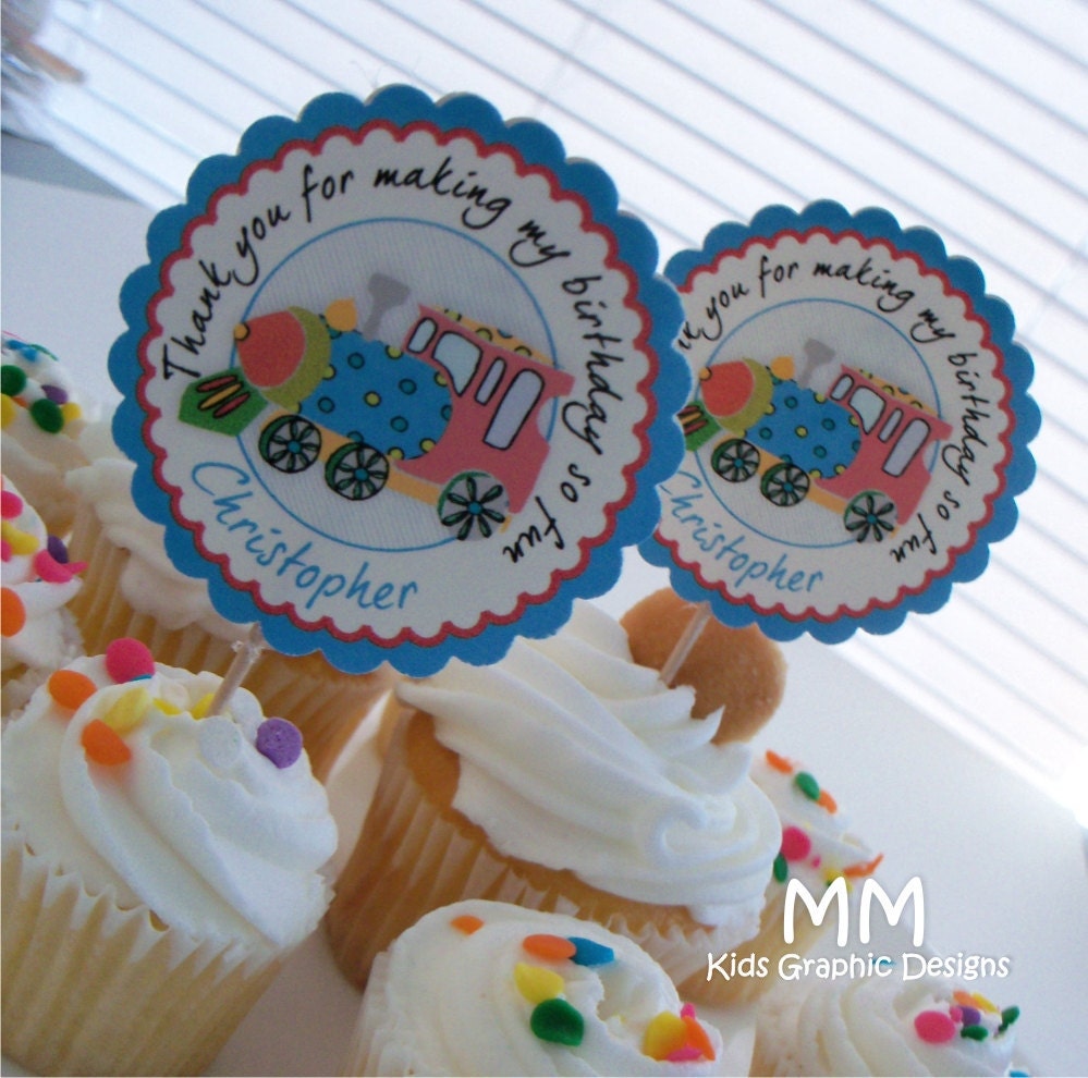 Train Theme - 24 Cupcake Toppers - Personalized - Birthday - Baby Shower - Choose the design Il_570xn