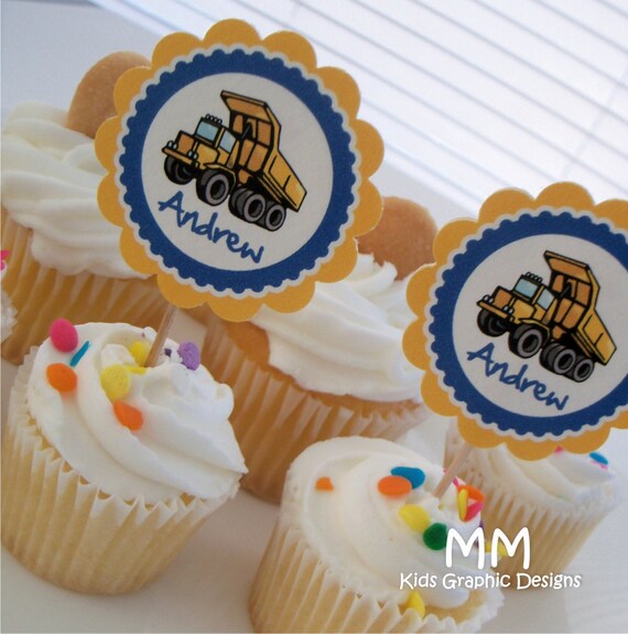 Dump Truck Theme - 40 Cupcake Toppers - Personalized - Birthday - Baby Shower - Choose the design Il_570xn