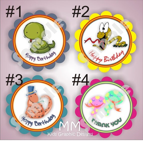 Funny Snakes Theme - 40 Die cut 2 inch circle Stickers with scalloped edges - Choose your design - Birthday - Baby Shower - Personalized Il_570xn