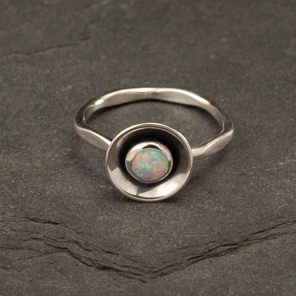 Opal Ring- Silver Opal Ring- Sterling Silver Gemstone Ring- Modern Opal Ring with hammered band- Handmade Sterling Silver jewelry- your size