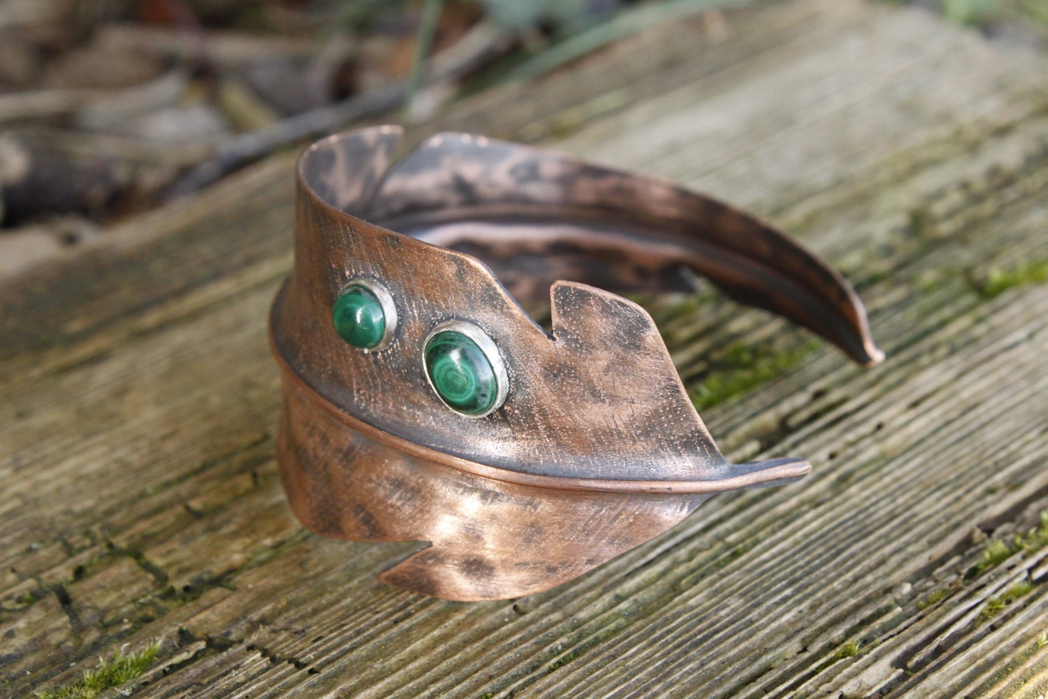 Feather copper and malachite cuff bracelet - made to order