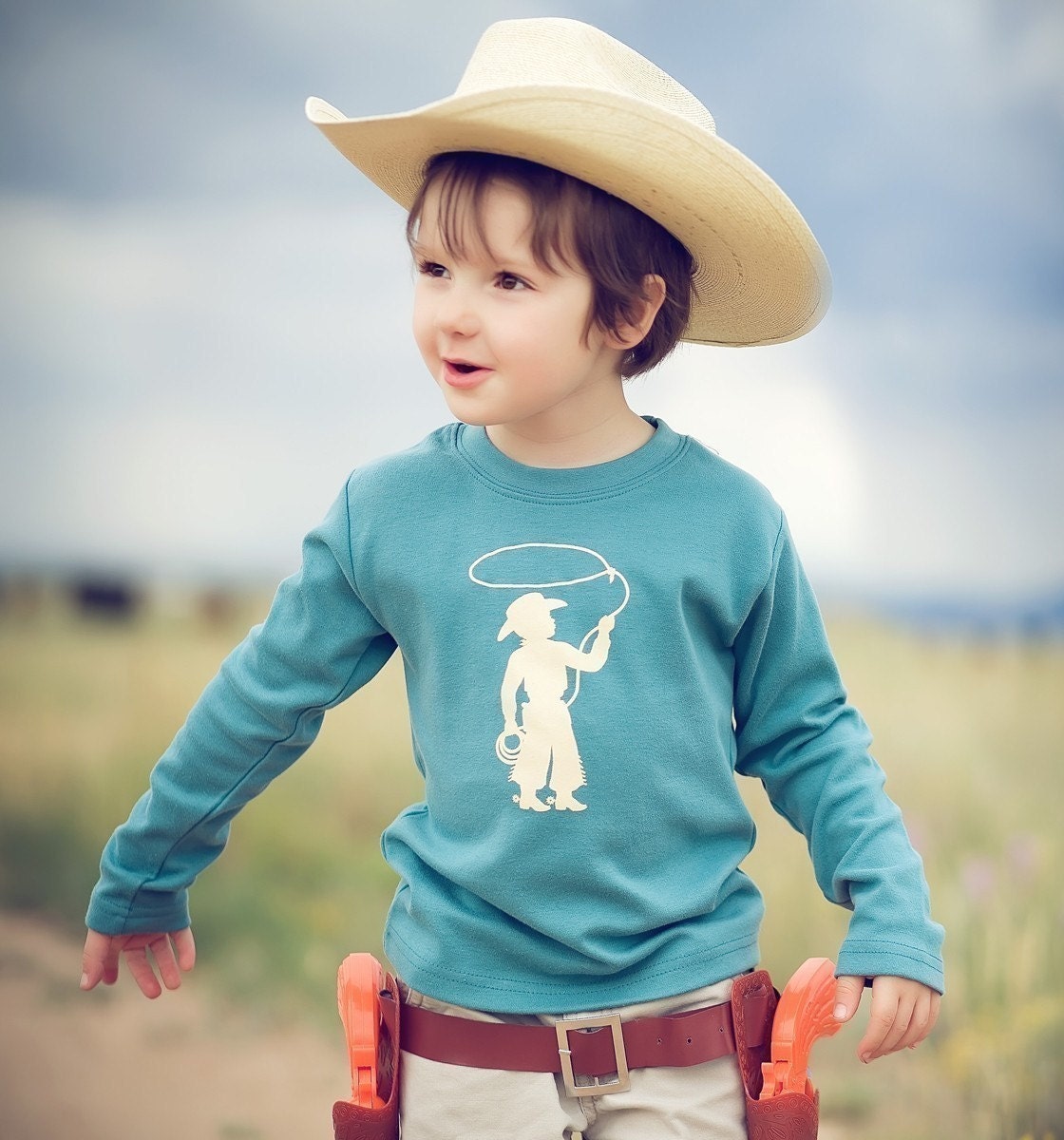 Cowboy Long Sleeved Nostalgic Graphic Tee in Steel Blue with Khaki