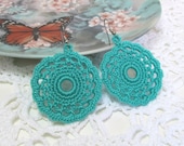 Dangle Earrings Crochet Jewelry Teal Lace Doily Turquoise Jewellery Summer Fashion Round Circle