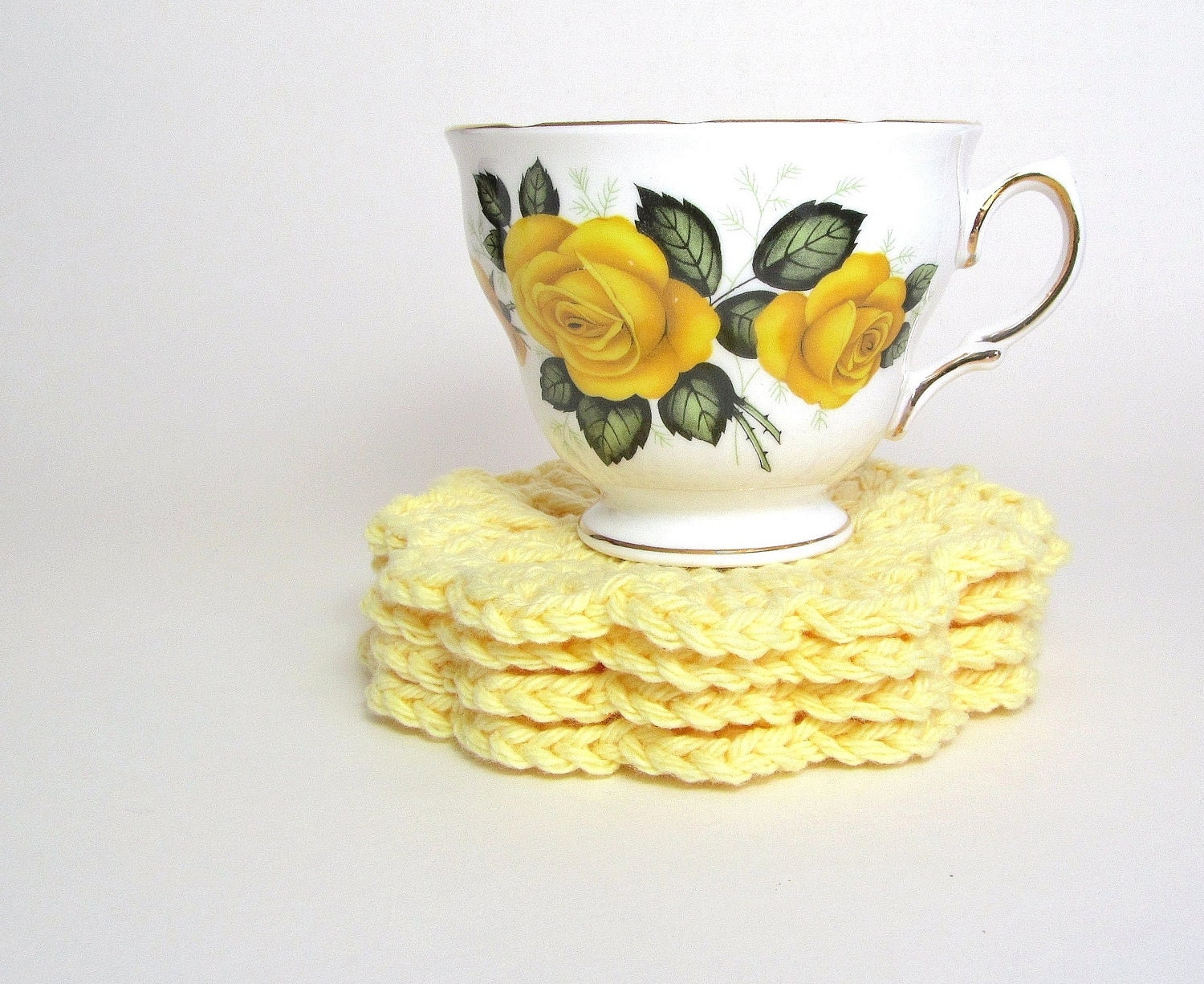 Crochet Doily Flower Coaster Set of 4 Lemon Yellow Absorbent Cotton Spring Table Home Decor