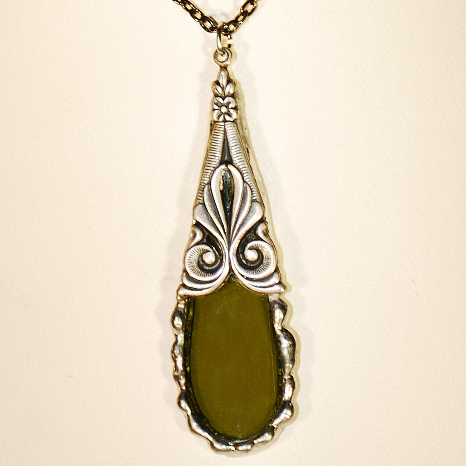 Antiqued Silver and Green Recycled Wine Bottle Teardrop Pendant