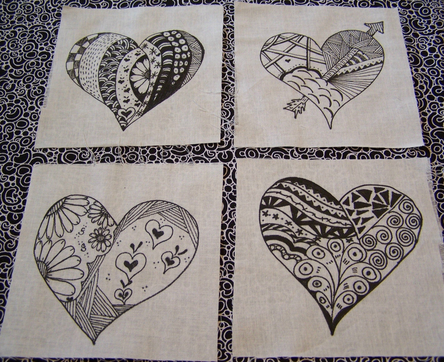 heart zentangle quilt squares by KenyaMarieDesigns on Etsy