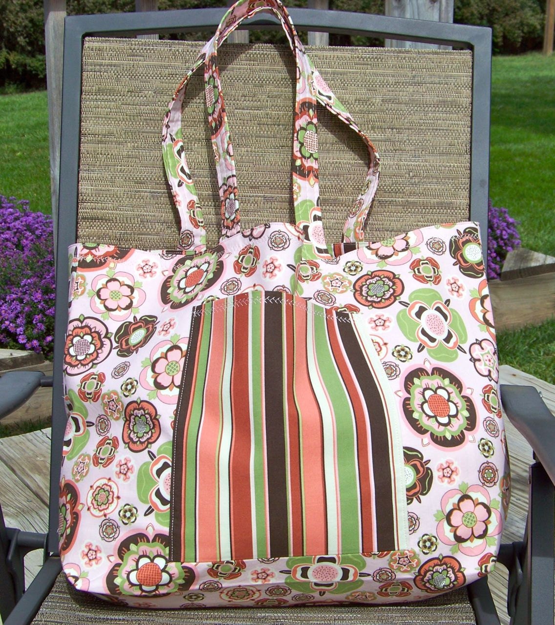 Market Tote - Extra Large - Peachy Flowers and Stripes